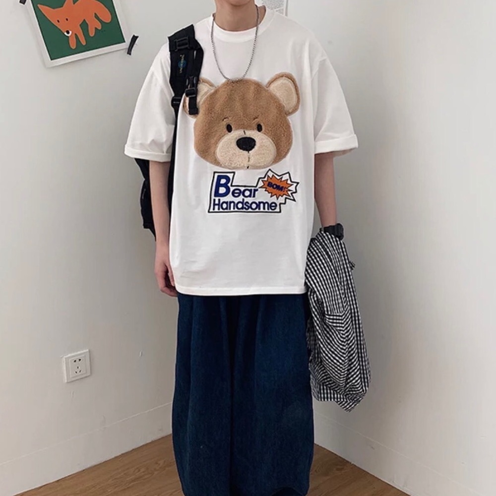 Mens bear t-shirt cartoon fuzzy white top - Picture 4 of 5